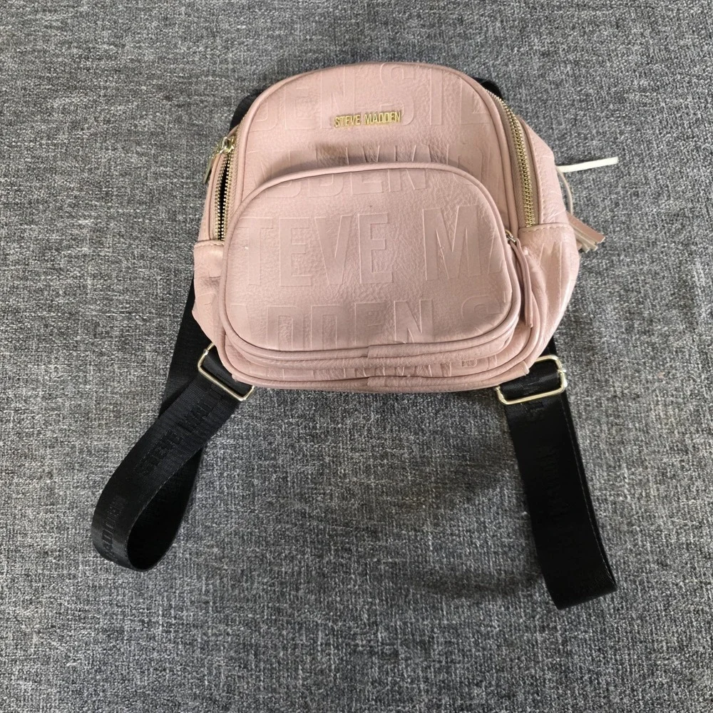 Steve Madden Mini Logo Embossed Backpack Light Pink Faux Leather Black Straps